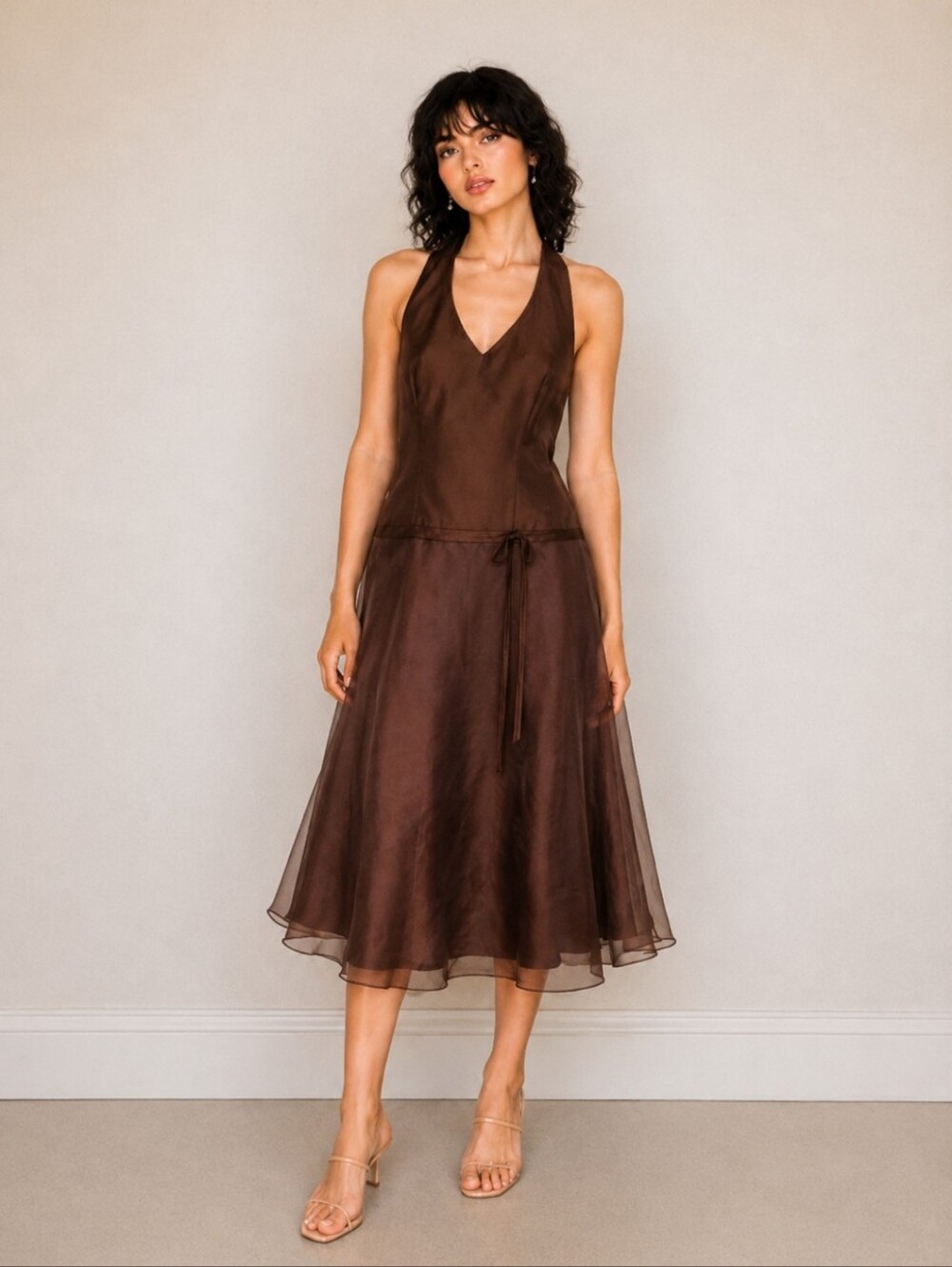 After Six | Chocolate Brown Backless Halter Bow Detail Dress